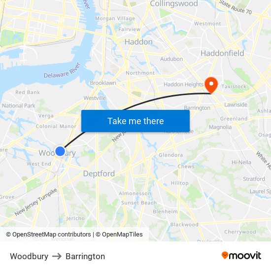 Woodbury to Barrington map