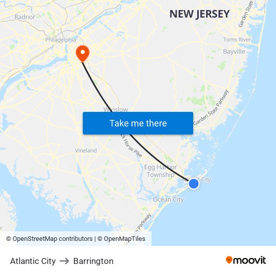 Atlantic City to Barrington map