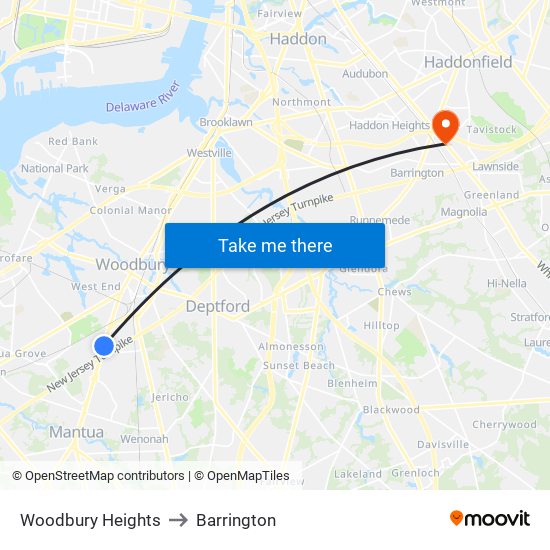 Woodbury Heights to Barrington map
