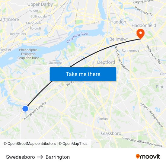 Swedesboro to Barrington map