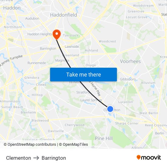 Clementon to Barrington map