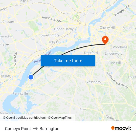 Carneys Point to Barrington map