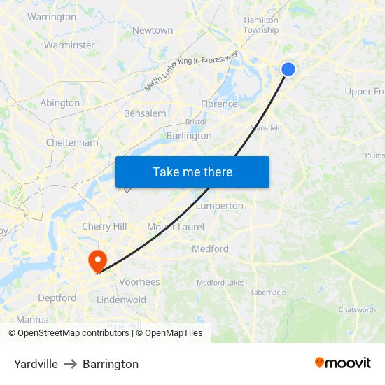 Yardville to Barrington map