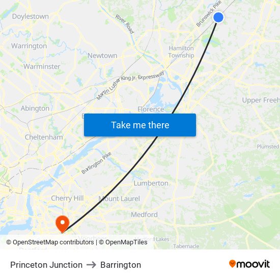 Princeton Junction to Barrington map