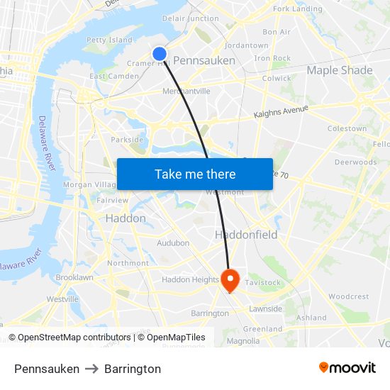 Pennsauken to Barrington map