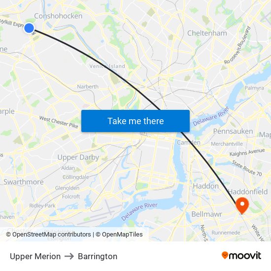 Upper Merion to Barrington map