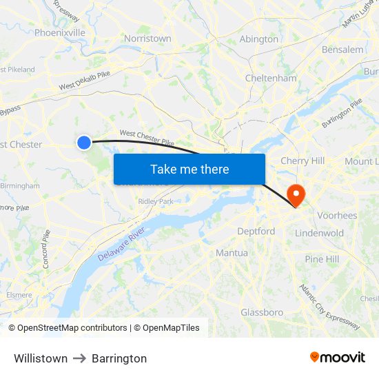 Willistown to Barrington map