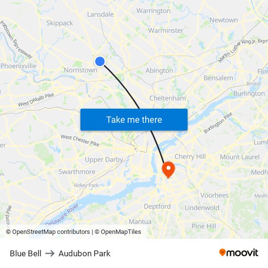 Blue Bell to Audubon Park map