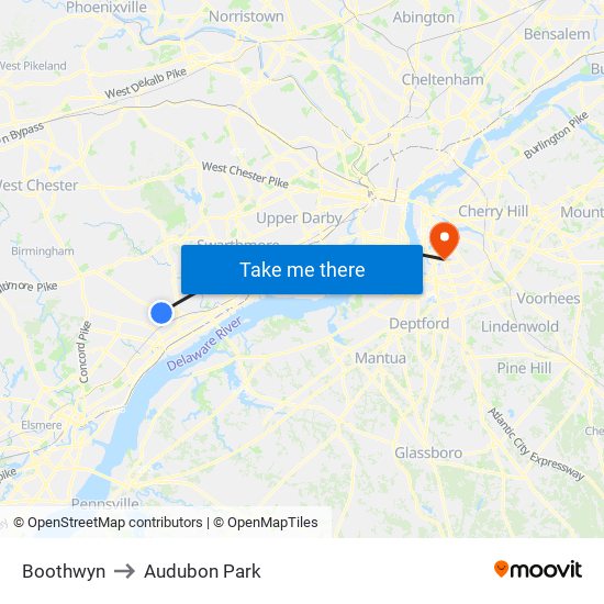 Boothwyn to Audubon Park map