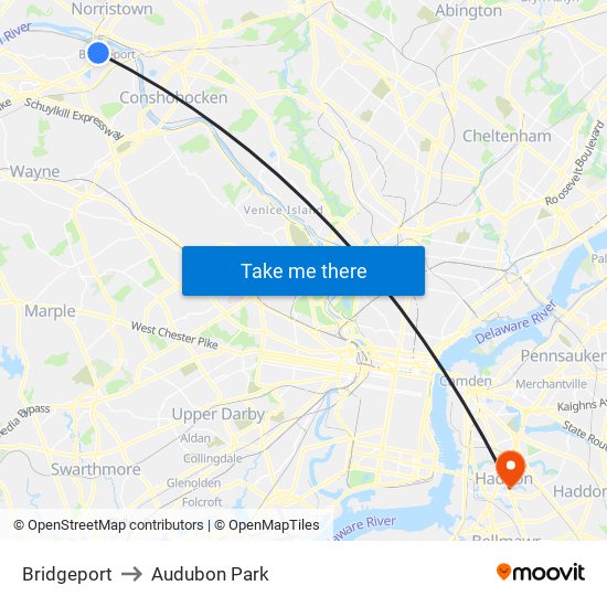 Bridgeport to Audubon Park map