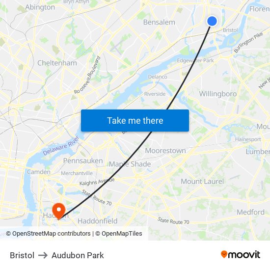 Bristol to Audubon Park map