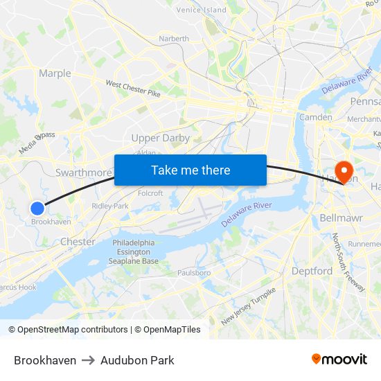 Brookhaven to Audubon Park map