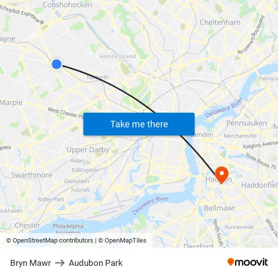 Bryn Mawr to Audubon Park map