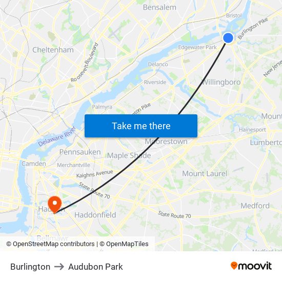 Burlington to Audubon Park map