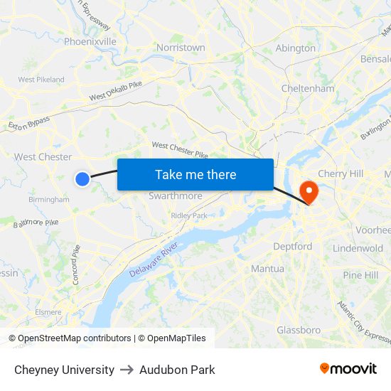 Cheyney University to Audubon Park map