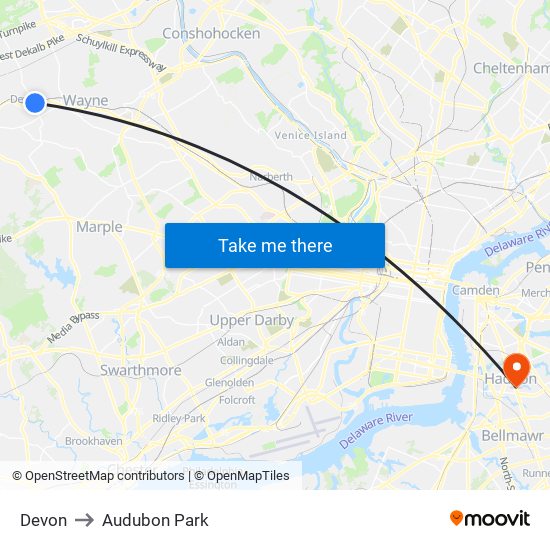 Devon to Audubon Park map