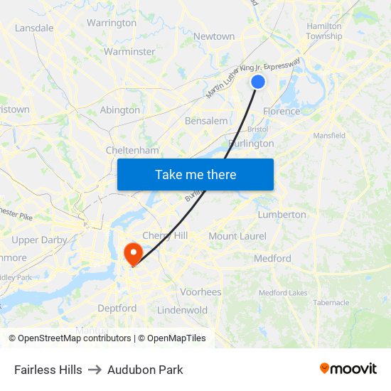 Fairless Hills to Audubon Park map