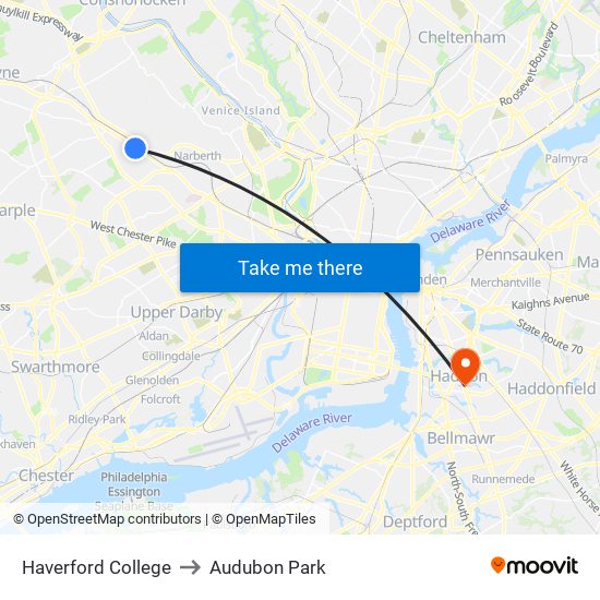 Haverford College to Audubon Park map