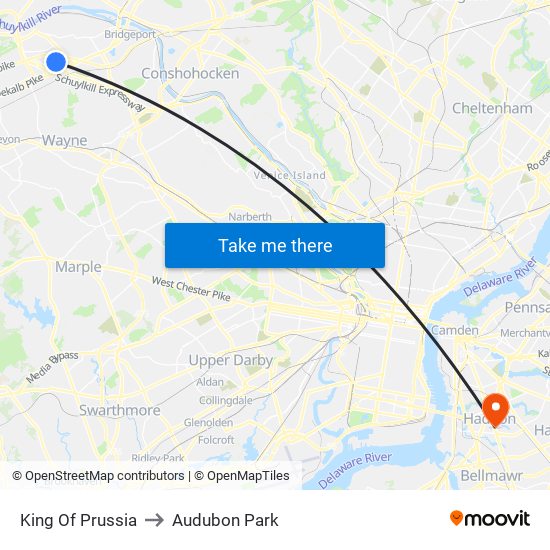 King Of Prussia to Audubon Park map