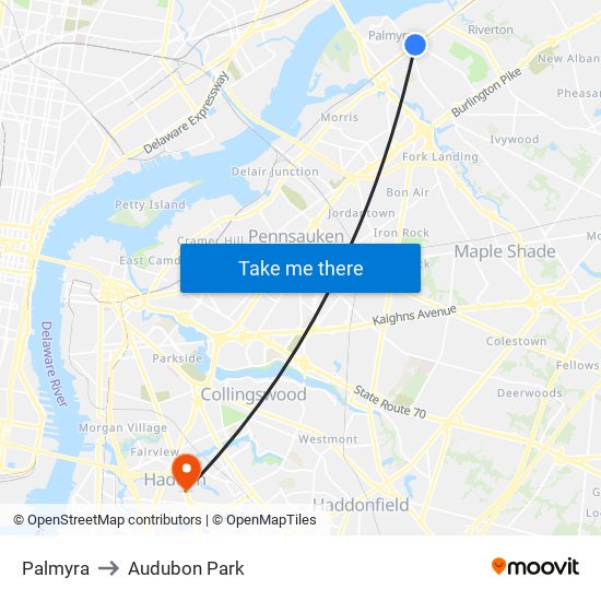 Palmyra to Audubon Park map