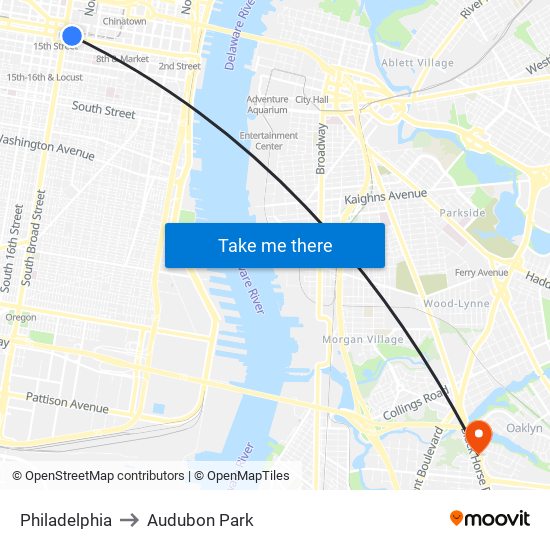 Philadelphia to Audubon Park map