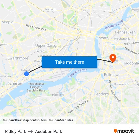 Ridley Park to Audubon Park map