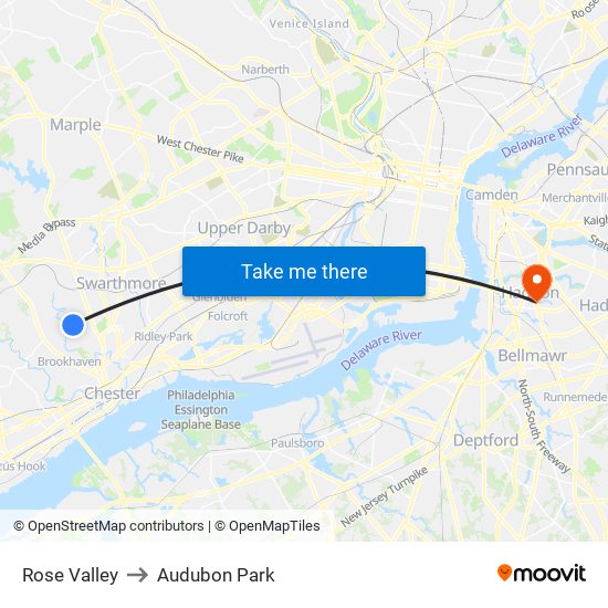 Rose Valley to Audubon Park map