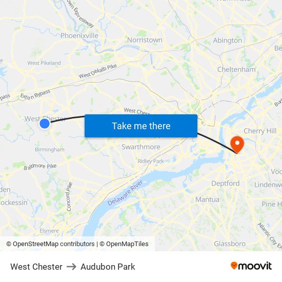 West Chester to Audubon Park map
