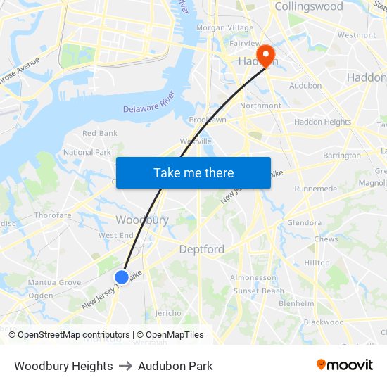 Woodbury Heights to Audubon Park map