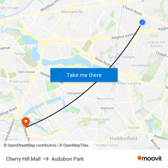 Cherry Hill Mall to Audubon Park map