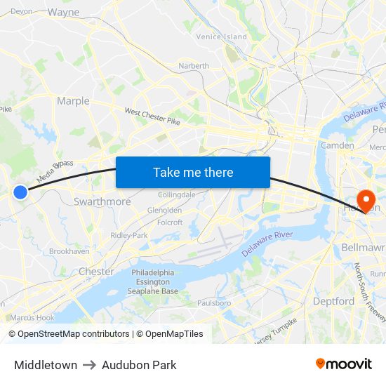 Middletown to Audubon Park map