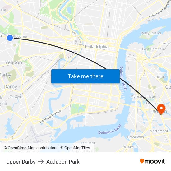 Upper Darby to Audubon Park map