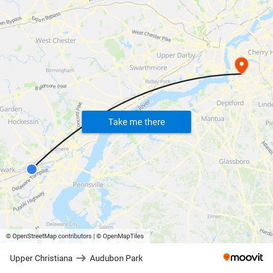 Upper Christiana to Audubon Park map