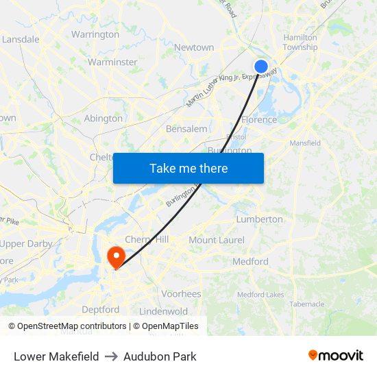 Lower Makefield to Audubon Park map