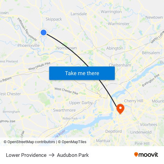 Lower Providence to Audubon Park map