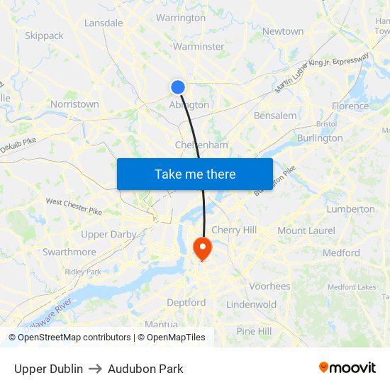 Upper Dublin to Audubon Park map