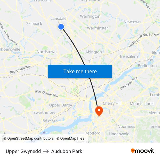 Upper Gwynedd to Audubon Park map