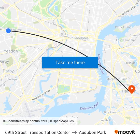 69th Street Transportation Center to Audubon Park map