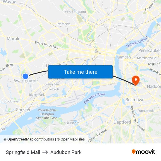 Springfield Mall to Audubon Park map