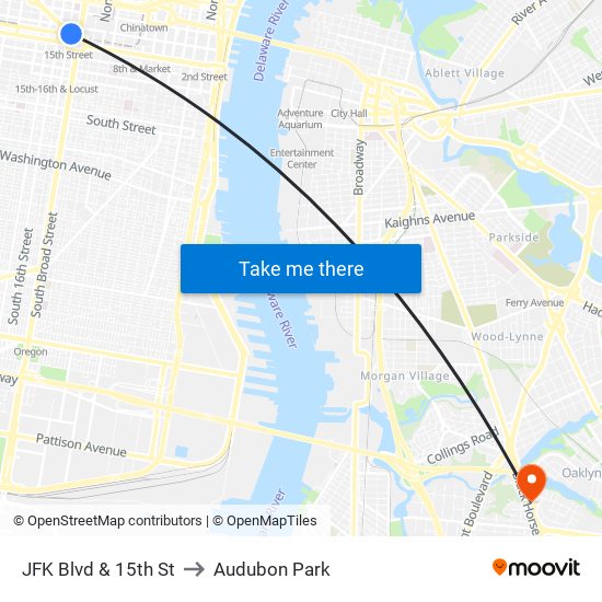 JFK Blvd & 15th St to Audubon Park map