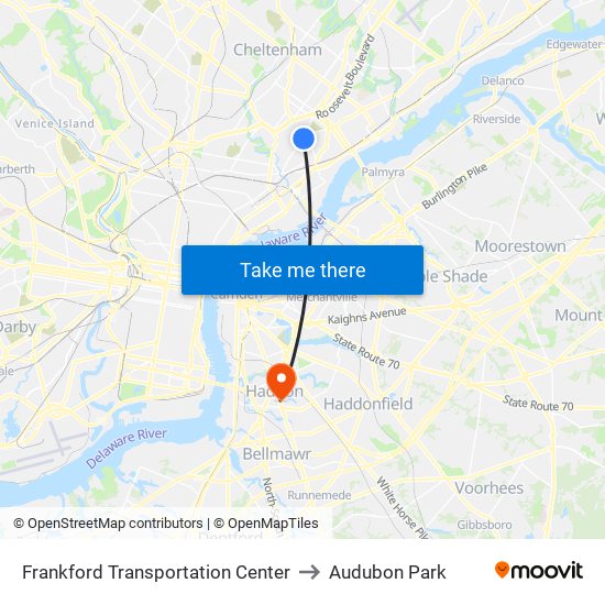 Frankford Transportation Center to Audubon Park map