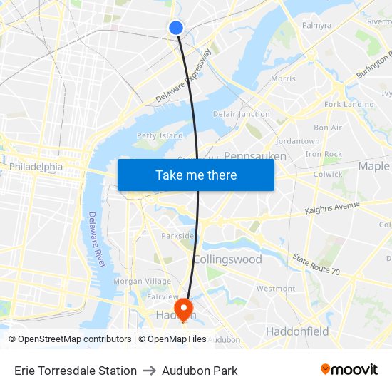 Erie Torresdale Station to Audubon Park map