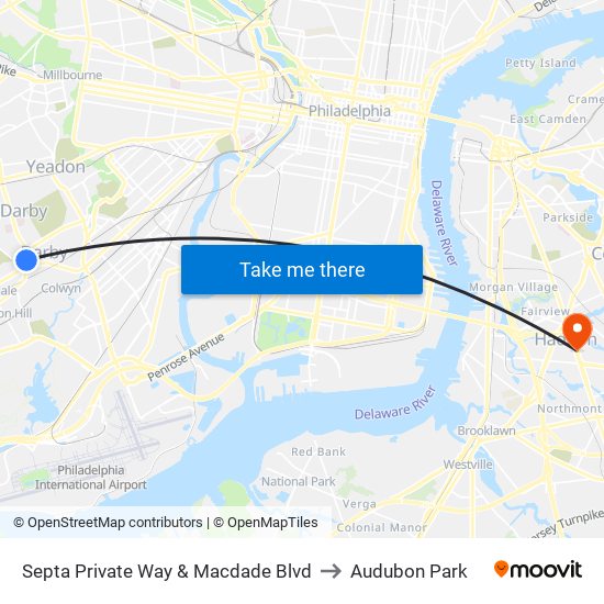 Septa Private Way & Macdade Blvd to Audubon Park map