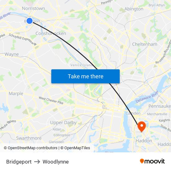 Bridgeport to Woodlynne map