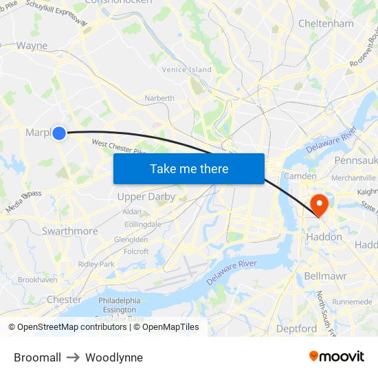 Broomall to Woodlynne map