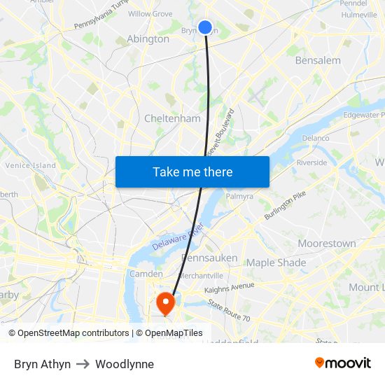 Bryn Athyn to Woodlynne map