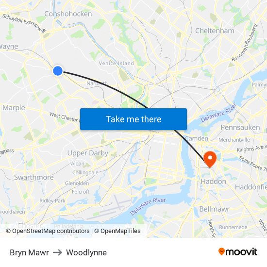 Bryn Mawr to Woodlynne map