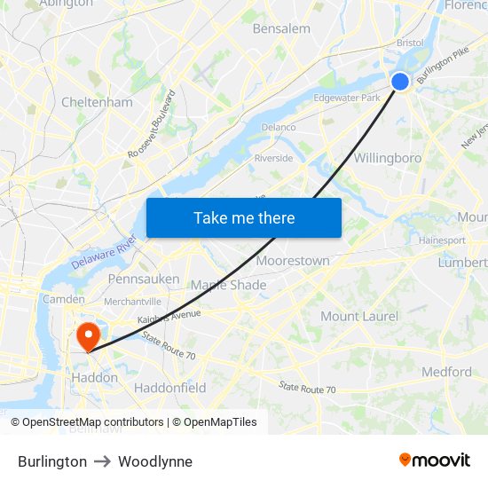 Burlington to Woodlynne map