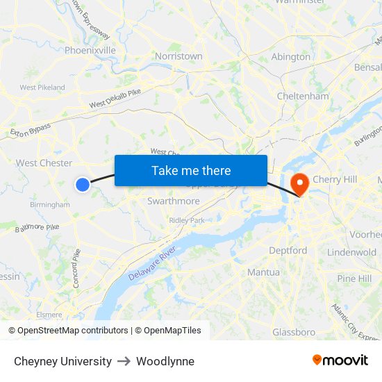 Cheyney University to Woodlynne map