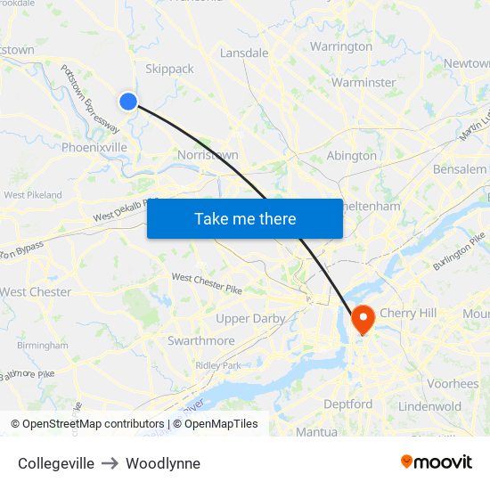 Collegeville to Woodlynne map